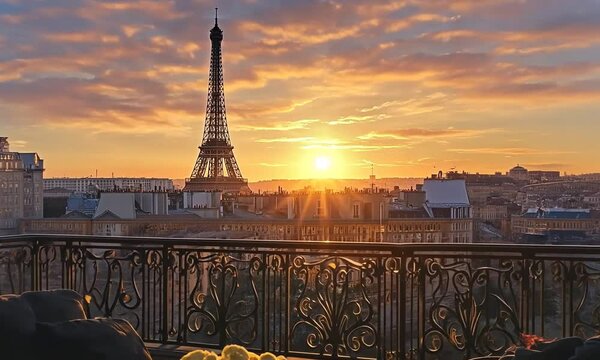 Paris Sunrise: A breathtaking panorama of Paris, captured from a rooftop balcony, with the Eiffel Tower silhouetted against a vibrant sunrise. The golden rays illuminate the city.