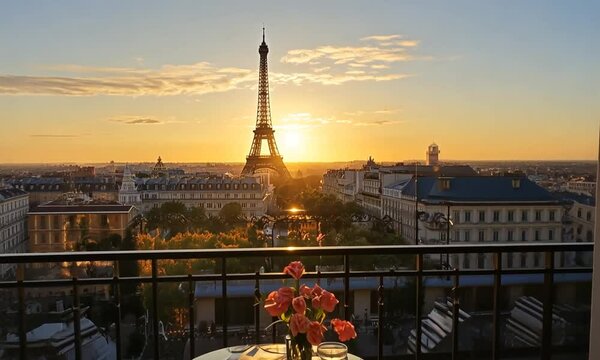 Parisian Sunrise Romance:  A breathtaking view of the Eiffel Tower bathed in the golden light of sunrise, as seen from a romantic balcony with a vase of pink roses.