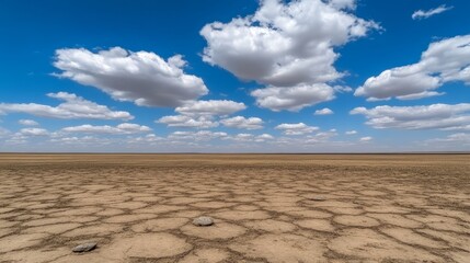 Naklejka premium Expansive Dried Lakebed Under a Blue Sky with Puffy Clouds