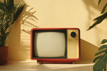 Retro red television set on a shelf with potted plants and sunlight shadows on a yellow wall.