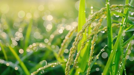 Naklejka premium Dew-Kissed Rice Paddy in Golden Hour