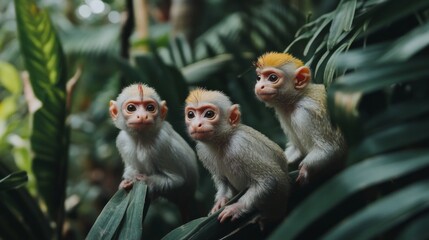 Naklejka premium Three Adorable Young Monkeys Sitting on Green Leaves in a Lush Tropical Jungle, Captivating Nature Scene Full of Life and Curiosity