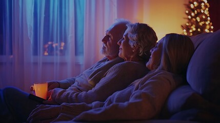 A man and two women are sitting on a couch watching television