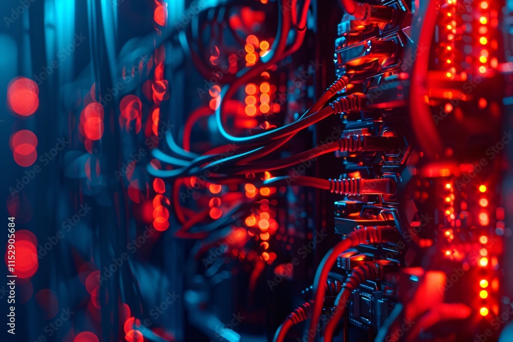 Aufkleber abstract colorful close up of network cables and racks with servers in a data center
