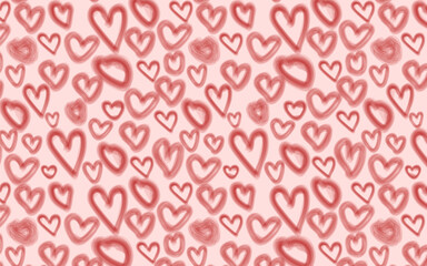Dense, chaotic pattern of hand-drawn pink hearts. Perfect for Valentine's Day, textiles, and unique backgrounds