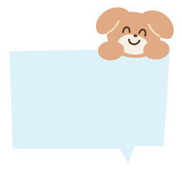 Illustration of puppy, pastel blue text bubble for blank space, insert text, dog cartoon, character, comic, pet shop, vet, text, message, chat, dialogue, sticker, cute patch, adopt and rescue animals