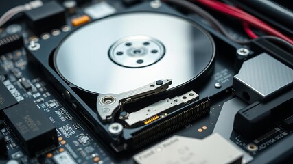Close up shot of laptop disk drive showing circuitry and connectors, information, technology