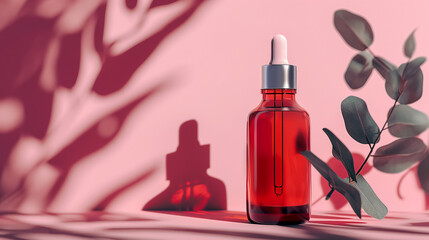 Red Glass Dropper Bottle with Silver Lid Placed on a Floor for Product Mockup