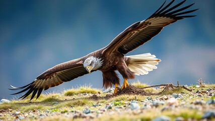 Obraz premium Closeup of white tailed eagle in Polish mountains habitat, eagle predator searching for prey, search for food, bird of prey