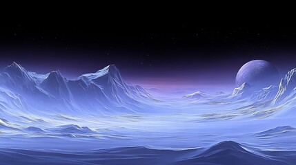 Obraz premium Frozen Alien Planet Landscape with Distant Moon