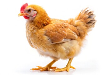 A small chicken with a red beak stands on a white background