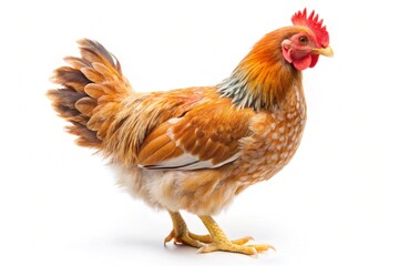 A small chicken with a red beak stands on a white background