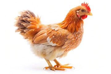 A small chicken with a red beak stands on a white background