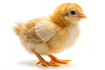 Fototapeta premium A small chicken with a red beak stands on a white background