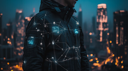 Abstract businesswoman stands on the peak of success Smart digital city with connection cyber security network reciprocity over the cityscape future wireless digital city and social media networking