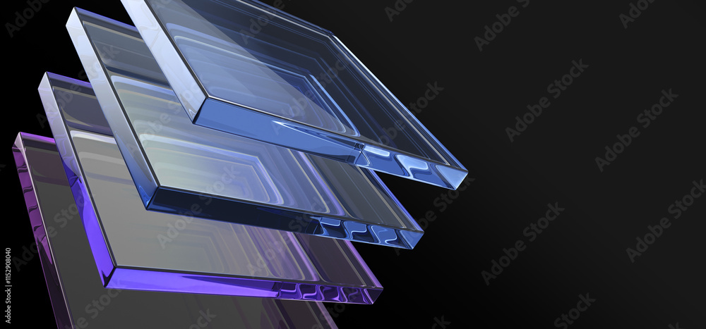 Poster Abstract 3d black background wallpaper with glass square shapes, iridescent light holographic gradient render. Crystal transparent plates with layer effect, digital design tech banner. 3D illustration
