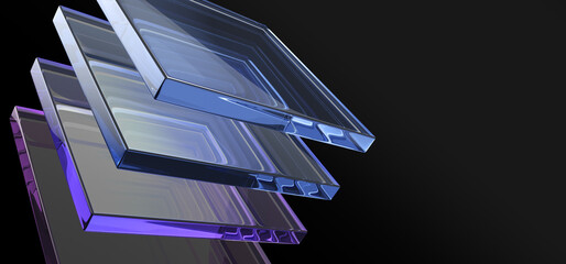 Abstract 3d black background wallpaper with glass square shapes, iridescent light holographic gradient render. Crystal transparent plates with layer effect, digital design tech banner. 3D illustration