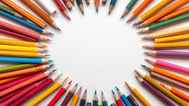 Colored pencils arranged in a circular pattern with empty space in the middle, circle, stationary