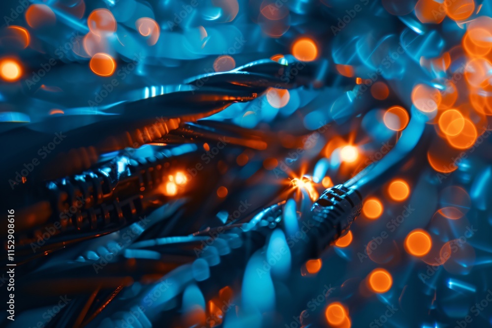 Aufkleber abstract teal orange color close up of network cables and racks with servers in a data center