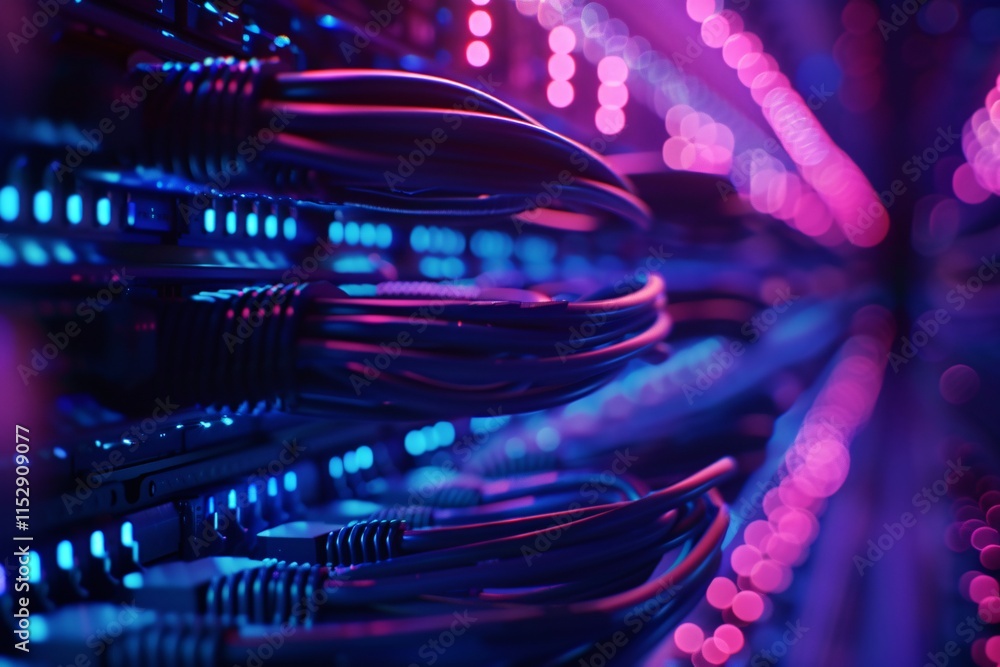Poster abstract blue purple color close up of network cables and racks with servers in a data center