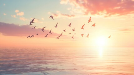 Fototapeta premium Birds Soaring Over Serene Coastal Waters at Dusk