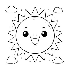 Sun with a cute smiling face surrounded by clouds simple line drawing coloring pages for toddlers illustration vector. This coloring page is ideal for children coloring book aged 1-3