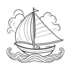 Wooden boat sailing on a rough sea with clouds vector simple boat line drawing outline. This coloring page is ideal for children coloring book aged 1-3