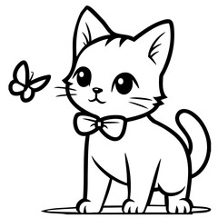 Cute kitten with bow tie playing with butterfly line drawing coloring pages vector illustration. This coloring page is ideal for children coloring book aged 1-3