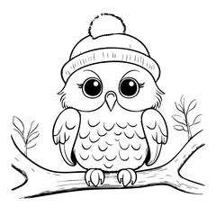 Adorable Owl wearing beabie ski hat sitting on tree branch simple line drawing coloring pages for toddlers illustration vector. This coloring page is ideal for children coloring book aged 1-3