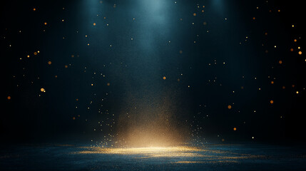 Golden Hour Spotlight: Dramatic stage lighting illuminates a dark space, creating a mesmerizing atmosphere with golden particles floating in the air. Perfect for presentations, music videos.