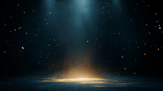 Golden Hour Spotlight: Dramatic stage lighting illuminates a dark space, creating a mesmerizing atmosphere with golden particles floating in the air. Perfect for presentations, music videos.