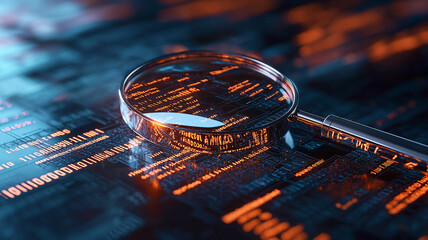 A Detailed IT Security Risk Assessment Concept Depicted with a Magnifying Glass Focused on a Document within an Abstract Technological Atmosphere
