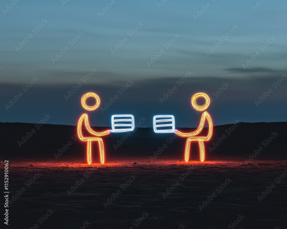 Aufkleber voice speech projection concept. two illuminated figures exchanging objects against a twilight backg