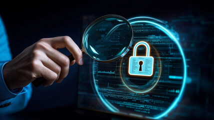 A detailed IT Security Risk Assessment concept depicted with a magnifying glass focused on
