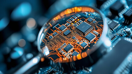 A detailed IT Security Risk Assessment concept depicted with a magnifying glass focused on a document within an abstract technological atmosphere, symbolizing scrutiny and protection.
