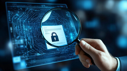 A detailed IT Security Risk Assessment concept depicted with a magnifying glass focused on
