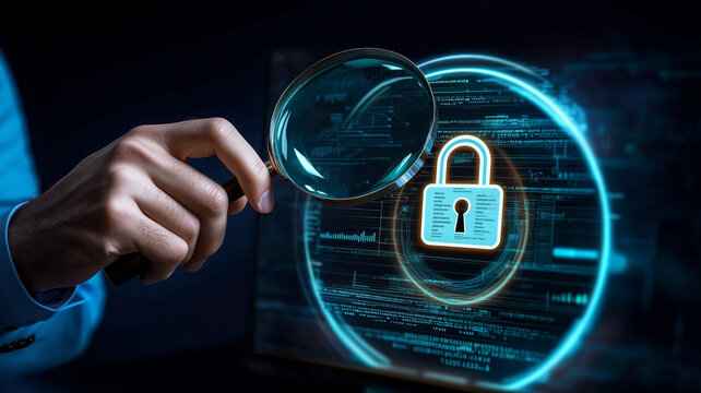 A detailed IT Security Risk Assessment concept depicted with a magnifying glass focused on
