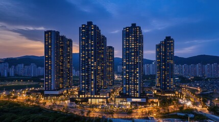 Naklejka premium A nighttime view of modern high-rise buildings illuminated against a twilight sky.