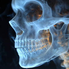Close-Up Shot of Glowing Human Skull in Blue and Orange Shades. Biology, mystery, and art.