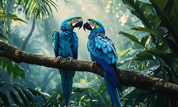 Two vibrant blue hyacinth macaws perched on a branch in a lush rainforest.