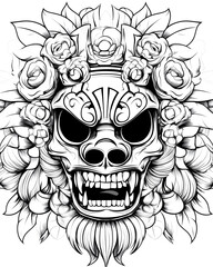 Fototapeta premium A skull with a flowery design on it. The skull has a menacing look and is surrounded by flowers