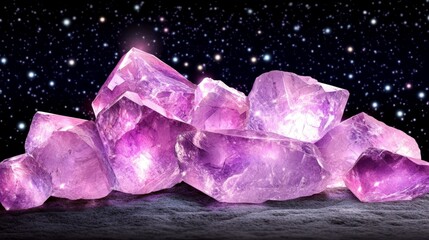 Fototapeta premium Glowing Amethyst Clusters Under a Starry Night Sky