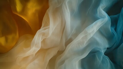 Obraz premium Abstract image of draped gold, beige, and blue fabric.