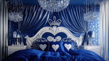 Luxurious bedroom interior showcases a plush royal blue satin bed with heart pillows beneath elaborate crystal chandeliers.