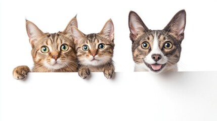 Close up of Cat and dog peeking on white background. Ai generated image