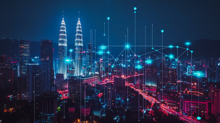 Abstract businesswoman stands on the peak of success Smart digital city with connection cyber security network reciprocity over the cityscape future wireless digital city and social media networking