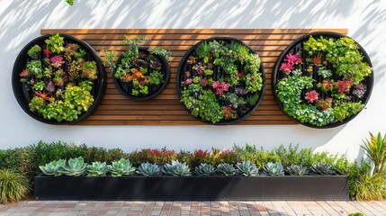 Modern wall garden installation featuring circular succulent planters mounted on horizontal wooden slats against a white exterior.