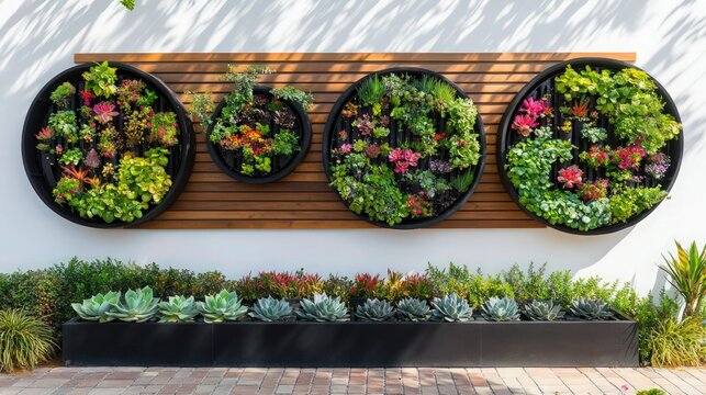 A modern vertical garden with a pristine white wall adorned with circular wooden frames housing black planters filled with vibrant greenery and flowers. 