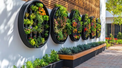 Modern Vertical Garden with Circular Wall Planters and Greenery in a Contemporary Outdoor Space
