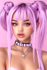 Fototapeta premium A woman with long pink hair and a pink necklace. The necklace has a key on it. The woman has a very pretty and cute look